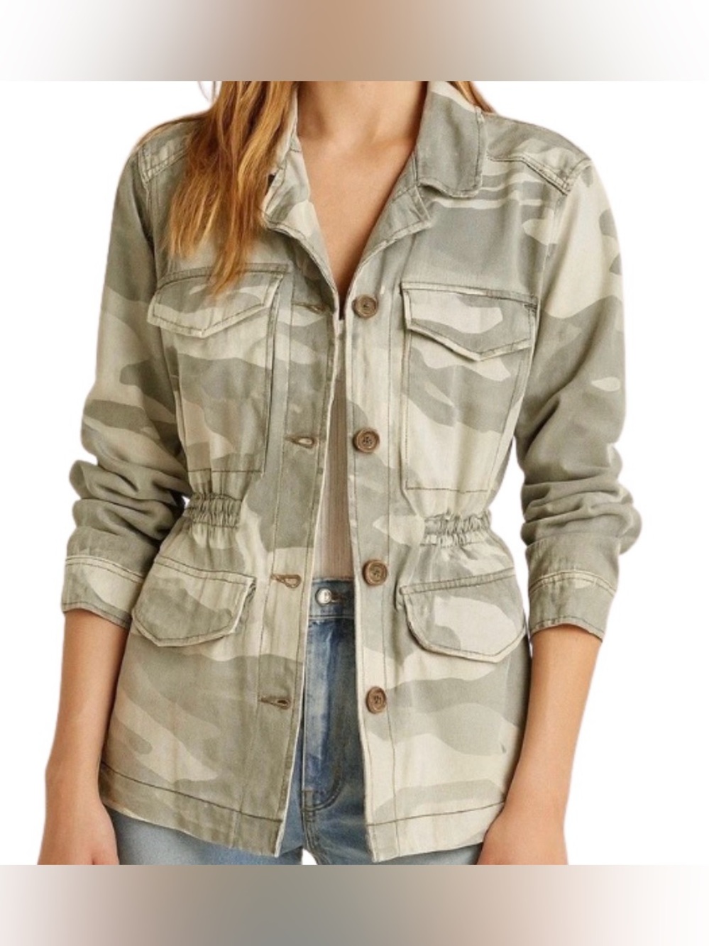 Abercrombie & Fitch Camo Cinch Waist Chore Jacket | Green/Grey | Size S